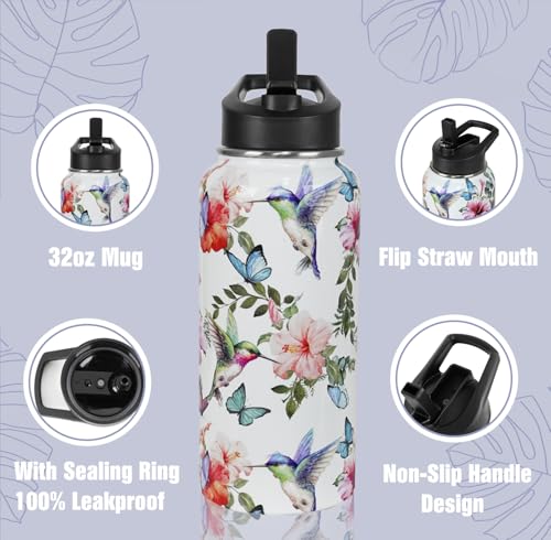 Hummingbird Water Bottle with Straws Insulated Bottle Birds Floral Travel Thermal Double Walled Vacuum Cup Leak Proof Stainless Steel Tumbler Birds Lovers Decor Gifts-32 oz - color: White