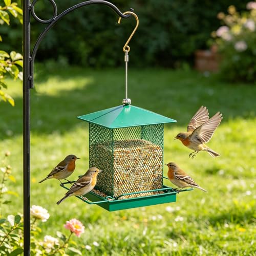 HOSUN 100% Metal Hanging Wild Bird Feeder, Bird Watching Gift | All-Around Feeding with Metal Perches,Mesh Ventilated,Outdoor Feeder with Steel Rope & Hook for Garden Yard Patio