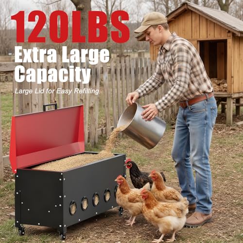 120lb Automatic Metal Chicken Feeder, Heavy Duty Gravity Chicken Feeder Box with Weatherproof Lid Brake Casters,Portable Chicken Feede No Waste Poultry Feeder for Ducks, Geese