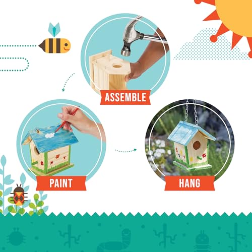 Beetle & Bee Build A Bird Bungalow - DIY Kid Art Craft Outdoor Birdhouse Kit, House Painting Kit for Kids, Hardware Glue Included- 4 Paints, 1 Brush, 7 Wooden Pcs, Chain For Tree Hanging Age 5+ | Includes Paints, Brush, Glue, Nails, Chain, Instructions; K