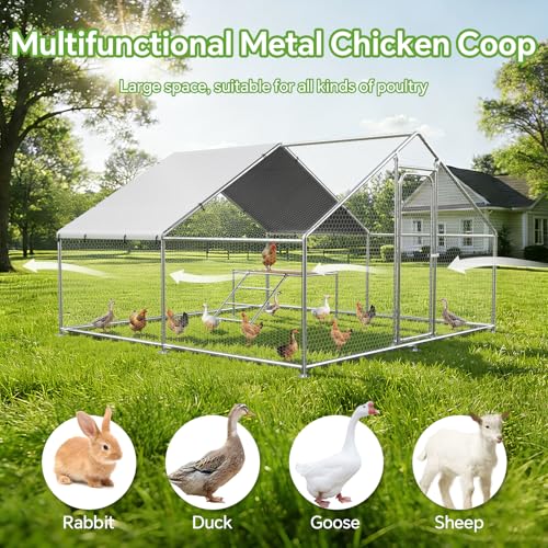 Large Metal Chicken Coop with Roosting Ladder and Cover | Spire roof outdoor chicken run with waterproof UV-resistant cover, designed for chickens, ducks and rabbits - size: 157.5"L x 118.1"W x 77.2"H