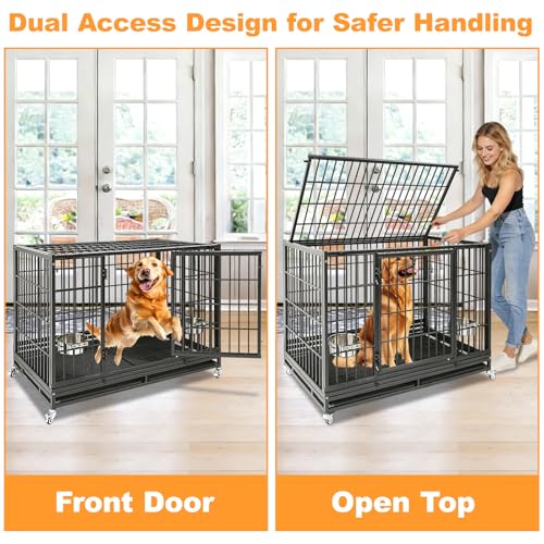 Homey Pet Two Tiers Heavy Duty Dog Crates for Large Dogs, 8 Pack | 47 Inch Stackable Large Dog Crate Cage with 4 Wheels, 2 Removable Trays and Grids, Multi Locks Strong & Solid Escape Proof - size: 47"L-2 Tiers-8P