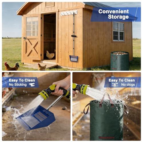 Chicken Poop Scooper & Rake, Stainless Steel Shovel Head Chicken Coop Scoop with Reuseable Yard Waste Bags, Adjustable Stainless Steel Handle 28"-68", Chicken Scooper for Chicken Coop Cleaning Tool