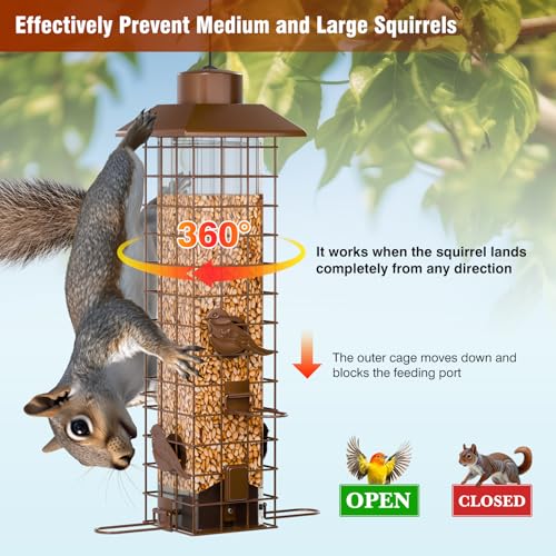 Squirrel-Proof Metal Bird Feeder with Removable Base, Weight-Activated Cage, Easy to Clean, Sturdy & Rust-Resistant, 3 lb Capacity, Outdoor Hanging Tube Bird Feeder for Cardinals & Finches - color: Bronze