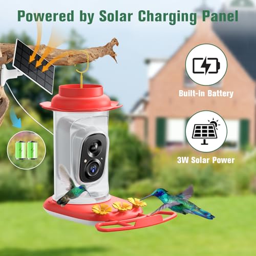 2.5K Hummingbird Feeder with Camera Solar Powered, Wireless Smart Bird Feeders for Outdoors, AI Identify Bird Species, Instant Notification, Ant Moat & Bee-Proof, Gift for Birds Lovers (Red)