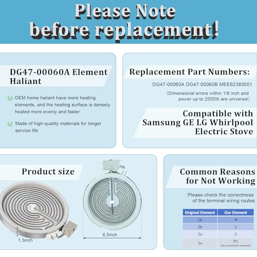 DG47-00060A MEE62385001 6" Single Radiant Surface Element for Samsung LG | Upgraded 5.5" Electric Range Burner Replacement for Samsung LG GE Stove, Replace W10823704 AP5967643 PS11720669 - style: DG47-00060A