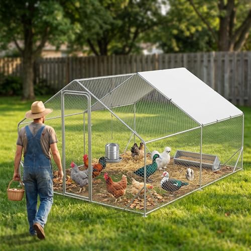 GarveeTech 6.5FT Walk in Chicken Coop Metal, Large Chicken Run with Triangular Brackets, Waterproof & Anti-UV Cover, Poultry Cage for Duck Goose Rabbit, Hen House for Yard Backyard Farm, 6.6' h - size: 9.8' x 13.1' x 6.6'