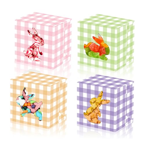 L7HWDP 12Pcs Easter Treat Boxes Plaid Cardboard Box with Rabbit Bunny Shape Window Spring Colorful Checked Candy Gift Paper Box Easter Containers