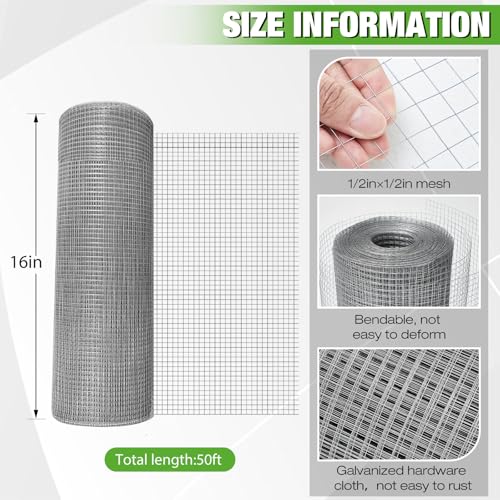 Tatuo Hardware Cloth 1/2 Inch 16in x 50ft Hot Dip Galvanized After Welded Cage Mesh Rolls 21 Gauge Metal Chicken Wire Roll Wire Fencing Poultry Netting for Raised Garden Rodent Animals - color: Silver, size: 16in X 50ft