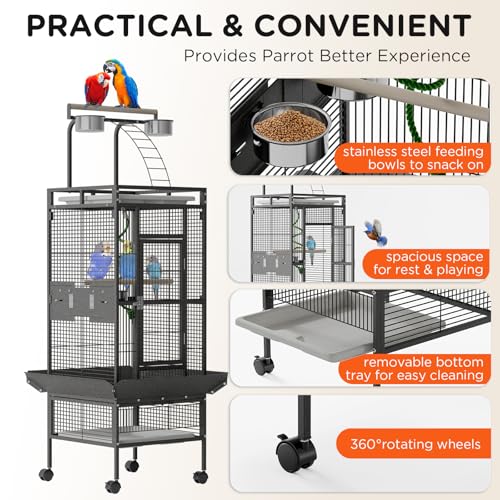 Garvee 60 inch Large Bird Cage with Rolling Stand, Metal Parrot Cage with Play Top & 4 Stainless Steel Bowls, Birdcage Pet House for Conure Cockatiel Parakeet Lovebird, Black | Play Top & 4 Stainless Steel Bowls, Rolling Birdcage Pet House for Conure Cock
