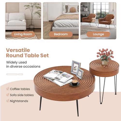 COSTWAY Farmhouse Round Coffee Table Set of 2, Rustic Sofa Side Tea Tables w/Wood Finish, Metal Frame, Adjustable Foot Pads, Nesting End Table Set for Living Room, Bedroom (Ring Pattern, Brown) - color: Brown, style: Ring Pattern