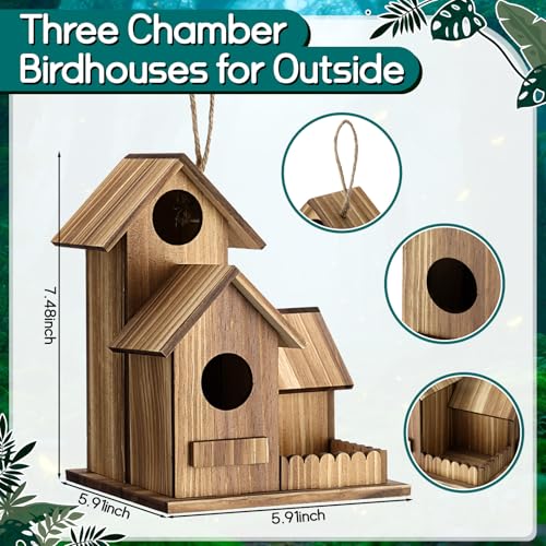 AceOrbit 2 Pcs Bird Houses for Outside 3-Hole Wooden Birdhouse 7.48 x 5.91 x 5.91 Outdoor Hanging Bird House for Finch Bluebird Chickadee Wren Hummingbird Weatherproof Garden Courtyard Decor