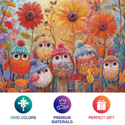 Cross & Glory | Jigsaw Puzzles for Adults | A Cozy Little Parliament | Cute Autumn Birds in Knitted Hats | Whimsical Fall Forest Puzzle | 2mm Thick Pieces | Satin Finish | Ages 14+ - color: Cozy Little Parliament
