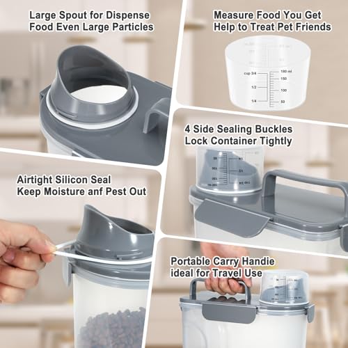 Dog Cat Food Storage Container with Cup (Dark Gray, 5L) | Pet Food Pourable Container Airtight with Large Spout, BPA-Free Plastic Food Dispenser for Pet Food, Bird Seed, Rice, Flour - color: Dark Gray, size: 5L
