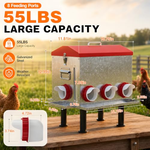 55 LB 10-Gallon Automatic Chicken Feeder, Large Metal Poultry Feeder with Window, 4-Sided No-Waste Feeding Design, Rust-Resistant Steel with Adjustable Legs for Outdoor Coops