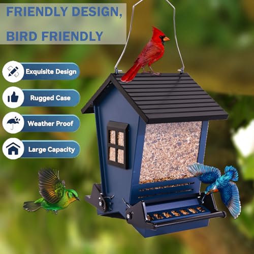 LSCQYYCC-Bird Feeder Squirrel Proof Metal Hanging for Outdoor Wild Bird Seed, with Bilateral Weight-Activated Perches, Large Feeder That Attracts Cardinals, Chickadees, and More Birds-One in Blue