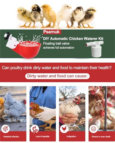 DIY Automatic Chicken Waterer Kit - 4 Chicken Water Cups, Float Valve, Drill Bit, 4 Hose Clamp, Teflon Tape - Universal for Poultry