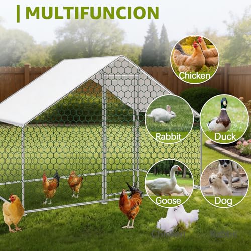 Metal Chicken Coop, 9.9 x 6.6 x 6.6 FT Large Walk-in Chicken Runs | with Cover, Spire Roof Hen House Enclosure with Security Lock, Outdoor Duck Rabbit Cage Poultry Pen for Backyard, Farm, Yard