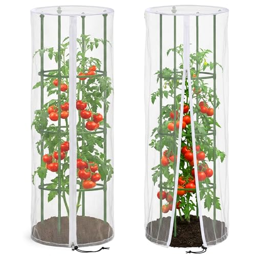 2 Pcs Garden Bird Netting Cover for Round Tomato Cage, 59" x 18" Tomato Trellis Insect Barrier Protection Mesh, Plant Cage Garden Net Cover with Zipper for Vertical Climbing Plants Vegetables Fruits - color: Round, size: 2 Pcs