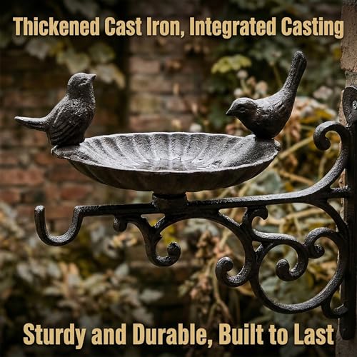 Cast Iron Bird Bath Feeder, Wall Mounted Bird Bath, Black Metal Garden Planter Hanger with Hanging Bracket, Wall Hook for Lanterns, Wind Chimes and More Garden Decorative Items