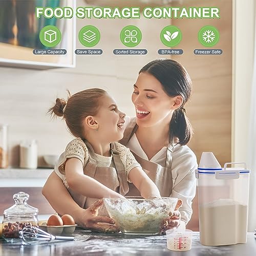 4 Pcs Set Rice Storage Container 5.5lb, Rice Dispenser with Measuring Cup & Pour Spout for Flour Pasta Grain Pet Dog Cat Bird Food Storage Container - color: Blue-4