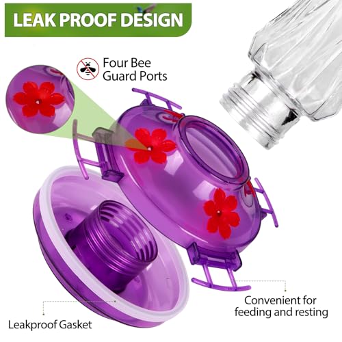 Glass Hummingbird Feeders for Outdoors, Built-in Ant Moat, Purple | 15oz, 4 Bee Guard Feeding Ports with Perches, Leak Proof, Stars Decor, Easy Refill & Clean, Gifts for Women Men Mom Dad - color: Purple