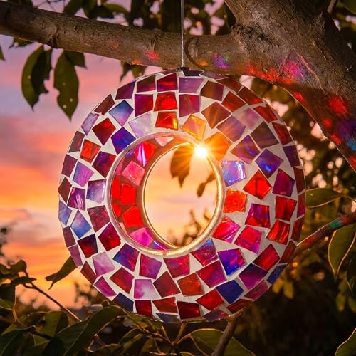 Sunnydaze Mosaic Glass Bird Feeder, Fly-Through, Crimson Mosaic | 6" Small Unique Hanging Bird Feeder for Outdoors, Drainage Hole, Weather-Resistant, Birdfeeder for Cardinals, Jays, & Finches - color: Crimson Mosaic
