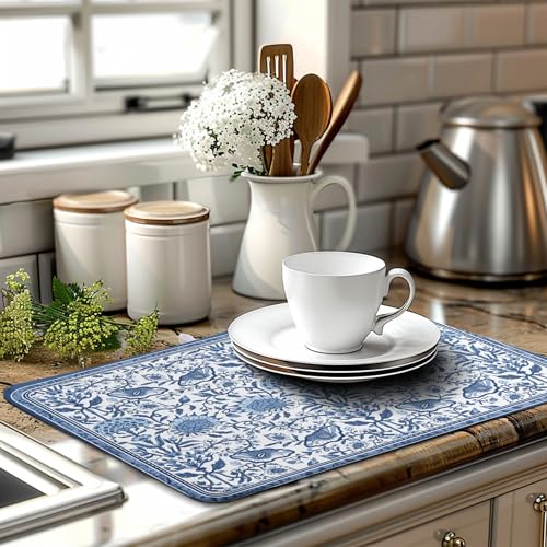 Blue Floral Dish Drying Mat for Kitchen Counter Boho Flowers Dishes Drainer Mats Rustic Farmhouse Microfiber Absorbent Dish Draining Spring Summer Reversible Dish Rack Pad Large 18x24 Inch - color: Blue Floral, size: 18" x 24"