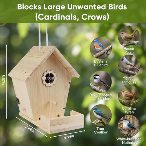 Bird House for Outside Hanging, Wooden Bird Houses for Outdoors with Feeding Tray, Bird Nesting Box for Garden Patio Tree Fence, Easy Clean Birdhouse with Hanging Rope for Small Wild Birds