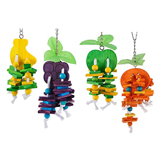 Hamiledyi Natural Wood Block Bird Cage Toys Parrot Chewing Toy Orange&Apple& Banana&Grapes Shaped Hanging Foraging Toy for Small&Medium Birds Parakeets Cockatiels,4pcs - style: A