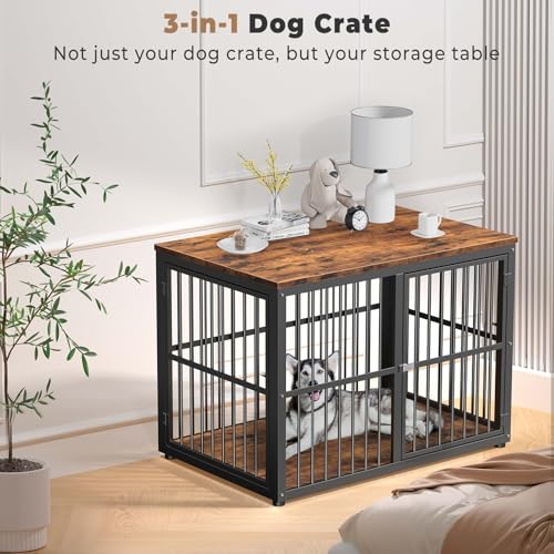Lyromix 43'' XL Dog Crate Furniture with 3 Doors for Medium to Large Dogs | Wooden Kennel End Table, Heavy Duty Indoor Cage for Golden Retriever Labrador, Multiple Units Can be Combined, Rustic Brown - color: Brown, size: 43.3"L x 29.9"W x 33.1"H