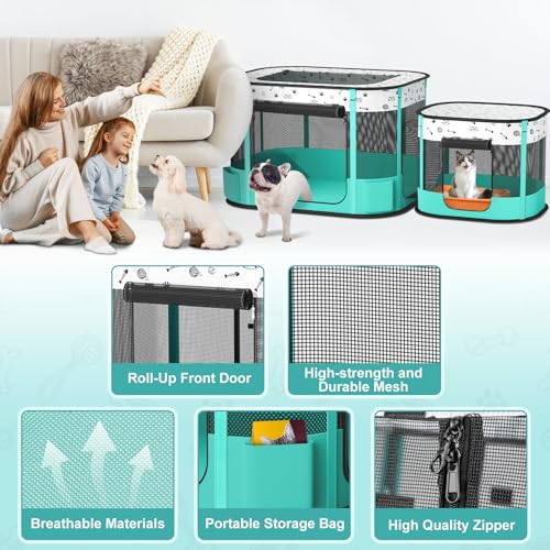 Portable Cat Playpen, Foldable Pet Dog Playpen, for Kitten Puppy Play Pen Indoor/Outdoor, Cats Enclosure Cages Tent with Carrying Case, 600D Oxford 8-Rods, 32"x24"x22" - color: Green