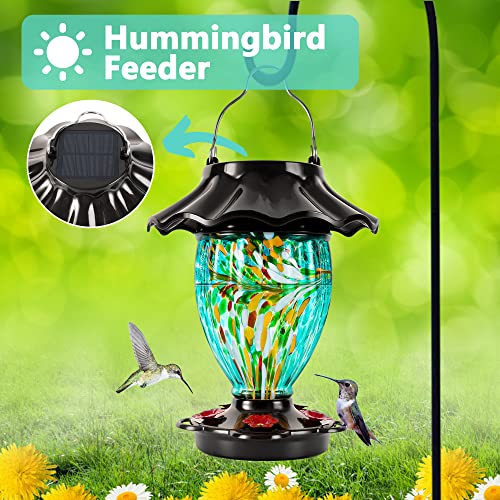LUJII Solar Powered Color Changing Hummingbird Feeder for Outdoors Hanging, Hand Blown Glass Reservoir, 32 fl.oz, Never Leak, Illuminated Lantern for Garden Decor, for Bird Lover (Teal) - color: Teal