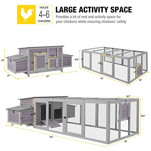 Aivituvin Chicken Coop for 4-6 Chickens/Ducks, Outdoor Wooden Chicken House Large Hen House Poultry Cage with Two Nesting Boxes (Grey, AIR45) - size: 103.0"L x 67.0"W x 28.0"H