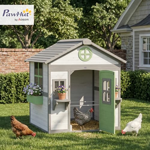 PawHut Chicken Coop for 2-4 Chickens with Nesting Box 50" x 44" x 54" White | Wooden Hen House, Outdoor Playhouse, Poultry Cage, Planter Pots and Boxes, Windows, Rabbit Hutch, Backyard Use