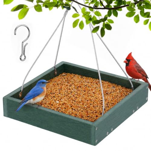 Gtongoko WPC Composite Platform Bird Feeder Hanging, Large 3.5 lbs Capacity, Durable, Seed Tray Bird Feeder for Outdoors with Metal Mesh Bottom Weather-Resistant for Garden Yard, Green