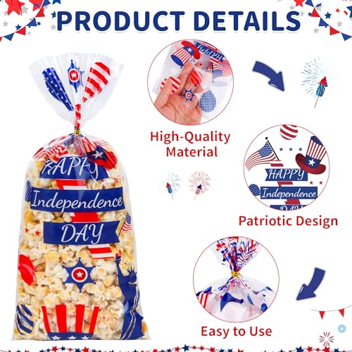 QOIUSO 50 Pcs 4th of July Cellophane Treat Bags - Patriotic Candy Goodie Bags with Gold Twist Ties - Clear Independence Day Party Favor Bags for Cookies, Snacks, Gift Packaging Supplies - color: 4th of July-50pcs