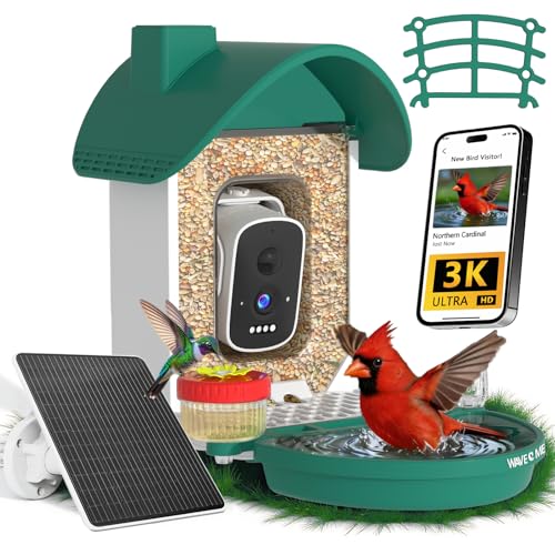 Bird Feeder with Camera, 3K Smart Bird Camera with AI Identification & Bird Bath, Solar Powered Wireless Outdoor Bird House with Spill-Proof Net, Ideal Backyard Bird Watching Gift to Bird Lovers - color: Dark Green
