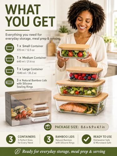 3-Pack Airtight Glass Food Storage Containers with Bamboo Lids | High borosilicate stackable meal prep containers for leftovers. Microwave and dishwasher safe kitchen organization.