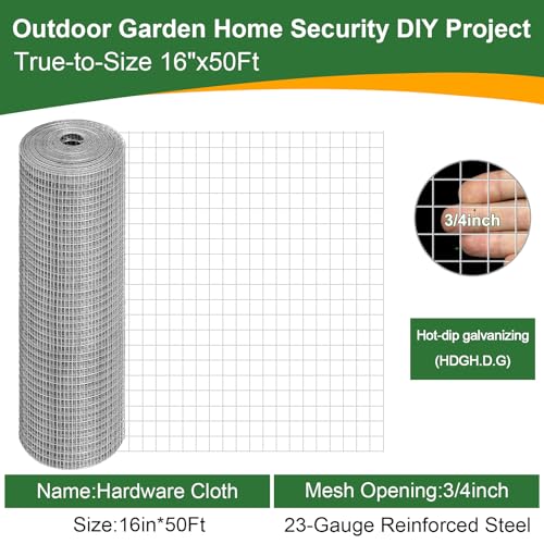 16in x 50Ft Hardware Cloth Hot-Dip Galvanized Welded Wire Mesh - Heavy Duty 3/4inch 23 Gauge Chicken Wire Fencing for Garden, Chicken Coop, Rabbit Cage, Rodent & Predator Protection - size: 16in x 50ft