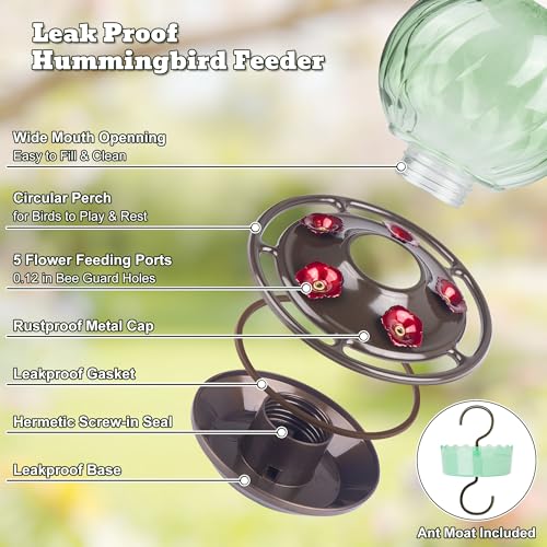 Auslar Glass Hummingbird Feeders for Outdoors Hanging, Green, 26 Oz | Hummingbird Feeder with Ant Proof Moat, 5 Bee Proof Feeding Ports, 360°Perch, Leak-proof, Outside Garden Backyard Decor - color: Green