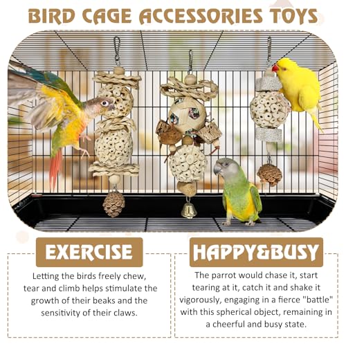 BNOSDM Hanging Bird Toy Sola Balls 3PCS Parrot Shredder Balls Natural Parakeet Foraging Toy Wood Bird Cage Chew Toys for Cockatiel, Budgie, Sun Conure, Quakers, Lovebirds (A) - color: White