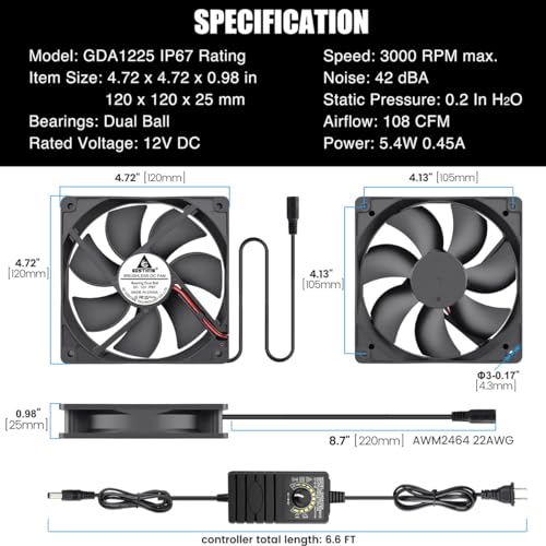 GDSTIME 120mm IP67 Waterproof Fan w/Speed Controller 110V 120V AC Powered | 12V Computer Fan with AC Plug, for Terrarium, Biltong Box, Chicken Coop, Greenhouse Cabinet, DIY Cooling Ventilation Projects - size: Waterproof-1225 w/ Speed Controller