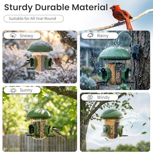 LONA Bird Feeders for Outdoors Hanging – 3 Separate Compartments, 3 Feeding Ports, Weatherproof Dome & 3 Ways to Hang, Large Capacity for Cardinals/Finches (Green | Weatherproof&Easy Clean, 3 Ports&3 Ways for Hanging, Large seed Capacity for Wild Birds, O