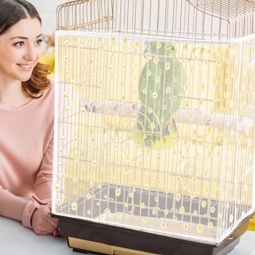 Daoeny Bird Cage Seed Catcher, Large Bird Cage Cover, Adjustable Soft Airy Nylon Mesh Net, Birdcage Cover Skirt Seed Guard for Parrot Parakeet Macaw African Round Square Cages (White, Daisy Design) - color: White, Daisy Design