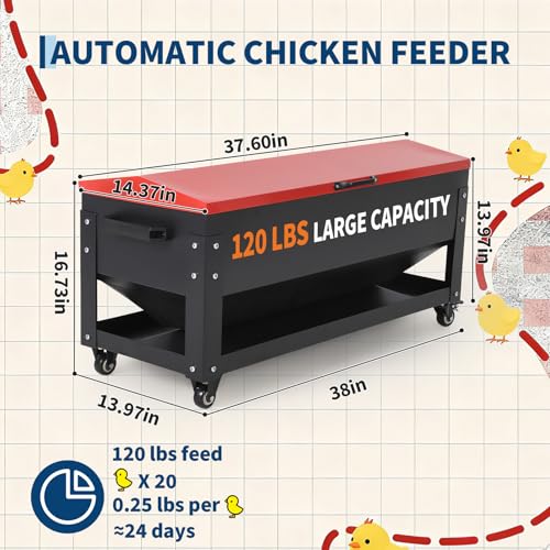 120LB Large Metal Chicken Feeder Box, Galvanized Steel | Automatic Poultry Feeding, Waterproof Red Lid, Brake Casters, Portable Handles, For Chickens, Ducks, Geese, Hens, Roosters