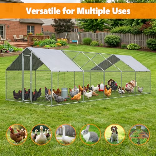 Metal Chicken Coop with Waterproof Pitched Roof, 32.8×9.8×6.4ft | Thickened Steel Frame, Predator-Proof Wire, Weatherproof & UV Resistant Cover, Detailed Assembly Guide & Tool Kit - size: 393.6"L x 118.1"W x 76.8"H
