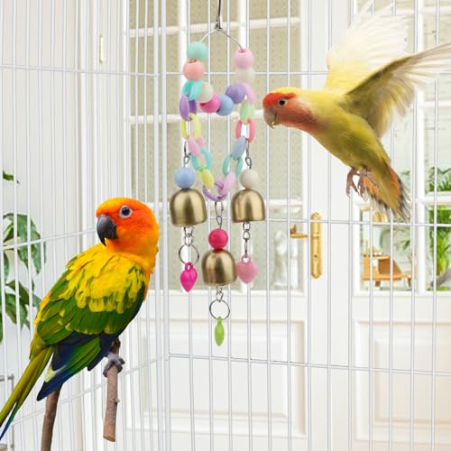 Hypeety Bird Bell Toy with Sweet Sound Cage Hanging Swing Bell for Parakeet | 3 brass bells with colorful beads, chewable for easy-hanging, encourages play and exercise, for small and medium bird, 8.27'' - color: Bell Toy-3 bells (A)
