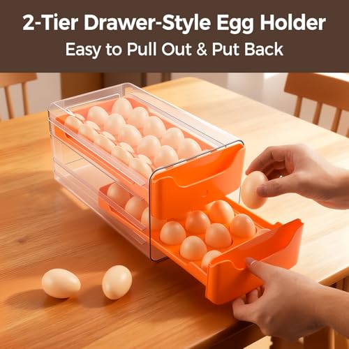 Egg-Holder for Fridge, Fits Small to Large Eggs, Orange | 36 Egg-Storage for Refrigerator Countertop, 2 Tier Dispenser with Drawer, Stackable Clear Egg Tray Container - size: 2 Tier-Orange