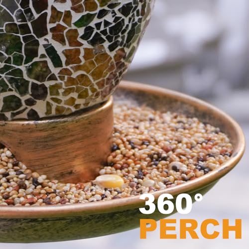 Bird Feeder for Outdoor Hanging Stained Glass Solar Light, Gold | Waterproof Lantern Shape Mosaic Glass with Hook, Garden Decor Unique Gifts for Mom, Women, Grandma, Bird Lovers